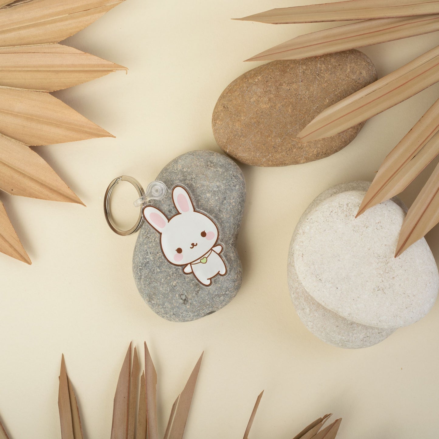 Cute Small Pink Bunny Keychain With Nature Background