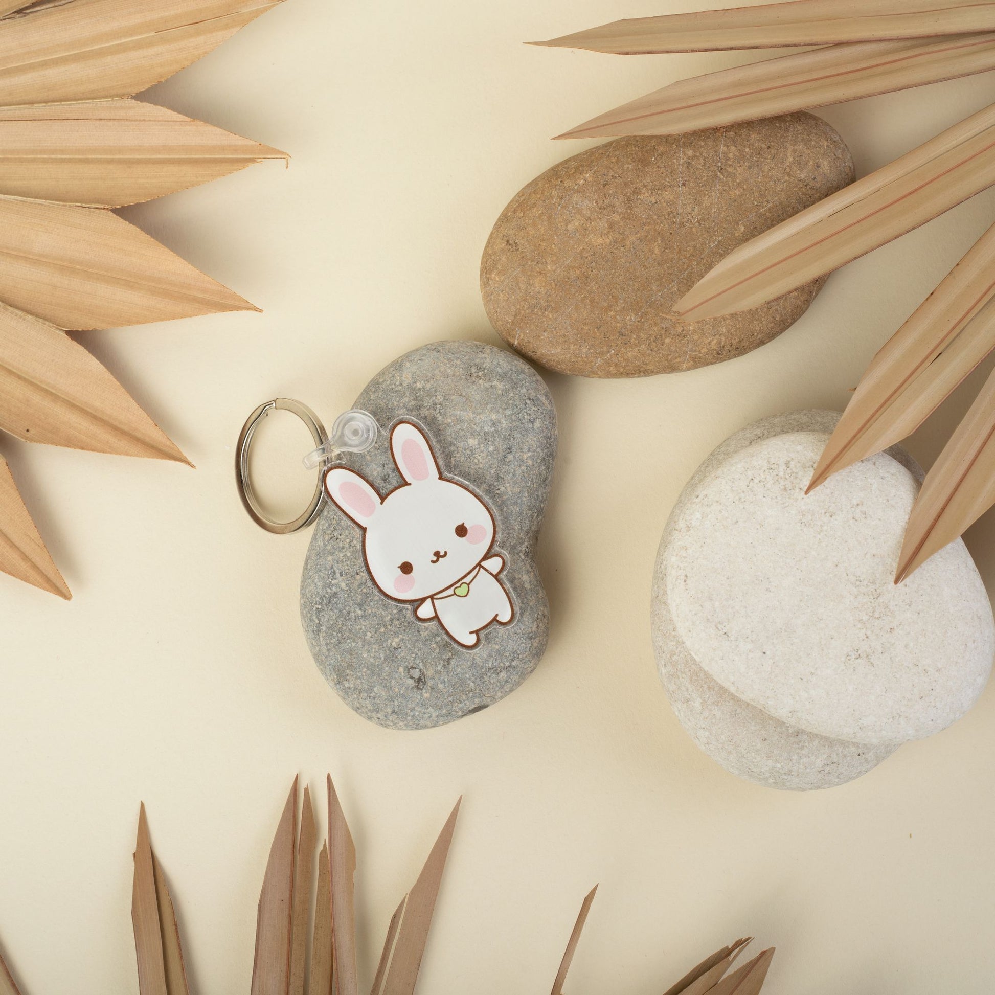 Cute Small Pink Bunny Keychain With Nature Background