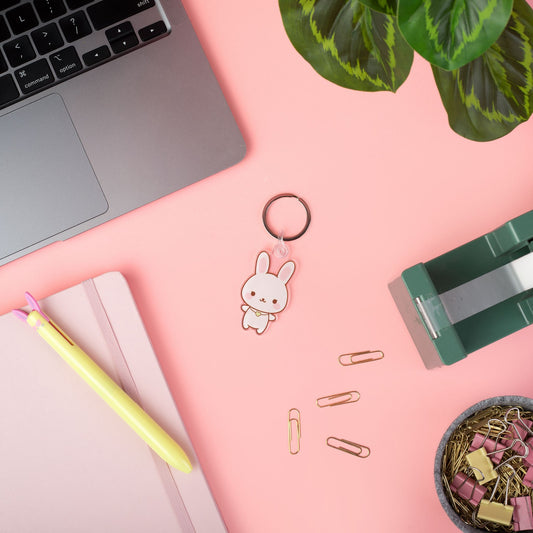 Cute Kawaii Bunny Keychain With Desk Props and Laptop